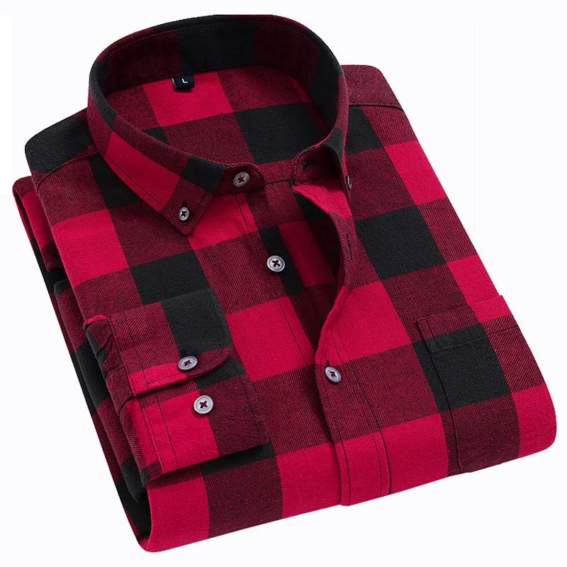 

Men's fashion 100% cotton plaid shirt brushed flannel shirt single pocket long sleeve slim young soft casual shirt