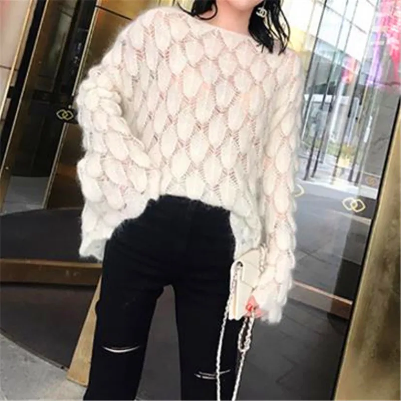 Вязаный свитер женский длинный рукав Свободные Джемперы Женские с расклешенным