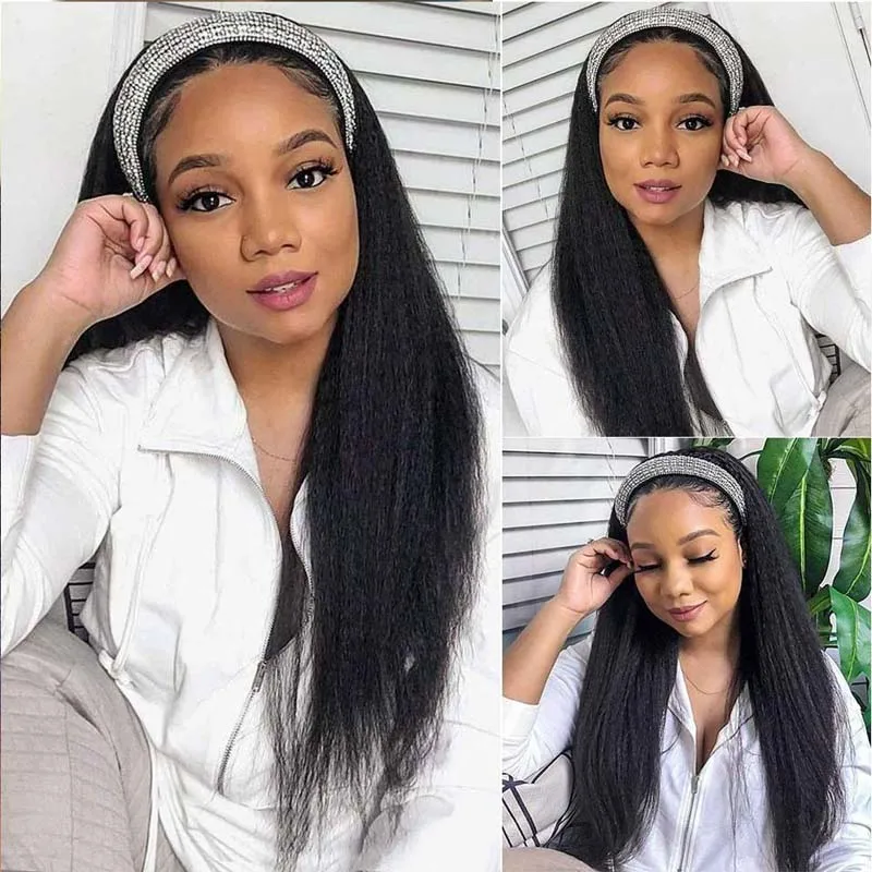 Kinky Straight Headband Wig For Black Women Synthetic Brazilian Hair Wigs Yaki Head Band On Sale Looks Natural | Шиньоны и парики