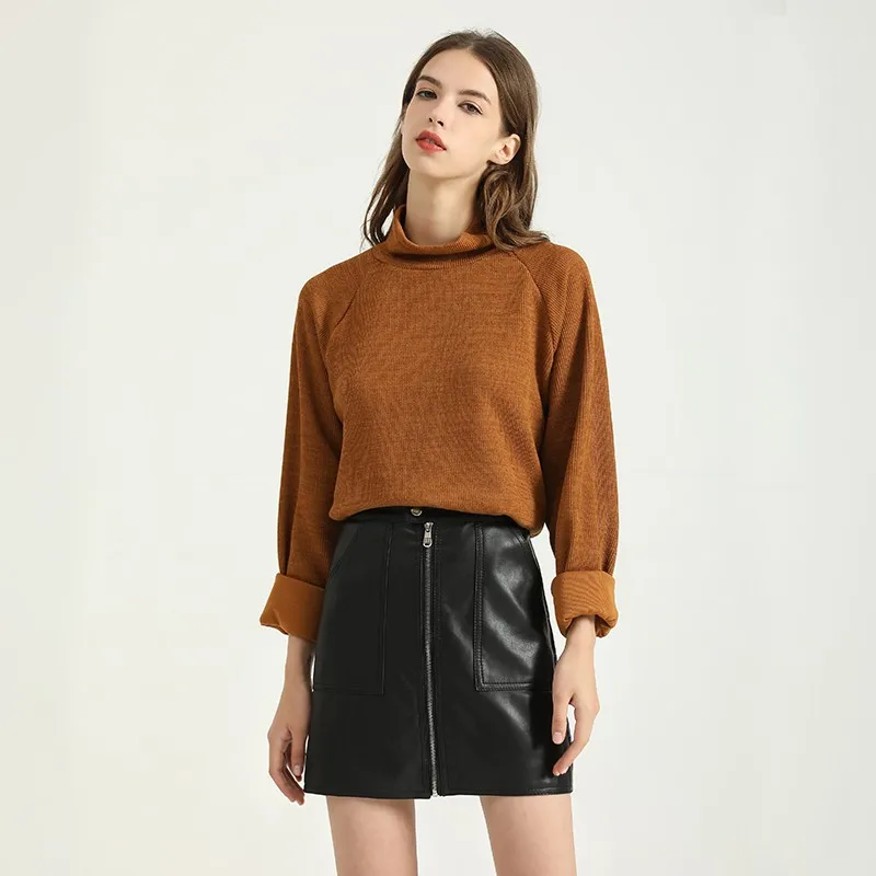 

Fitaylor New Autumn Women Knitted High Collar Sweater Brown Simple Casual Top Female Red Fashion Loose Soft Warm Short Knitwear