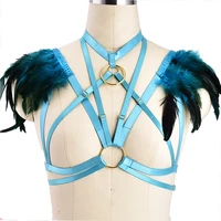 women body sexy feather harness adjust shoulder epaulettes harness cage bra lingerie cosplay burningman gothic top harness