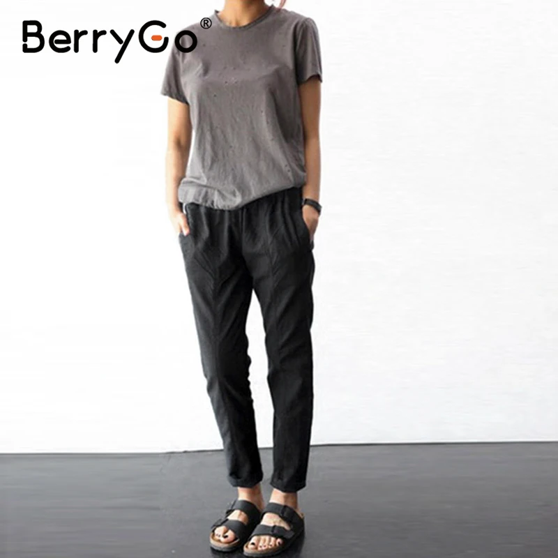 BerryGo High waist tie up causal pants women 2020 Spring streetwear cotton female Holiday office lady summer | Женская одежда