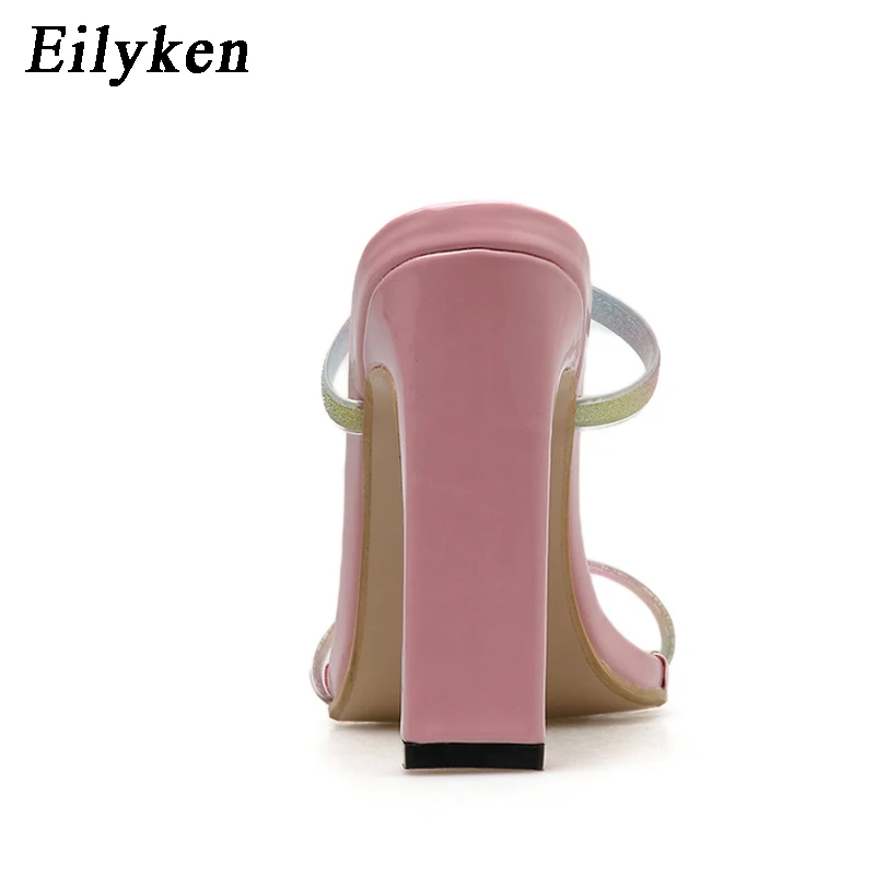 EilyKen/Новинка; модные женские шлепанцы с открытым носком, украшенные розовыми пайетками; пикантные босоножки на высоком квадратном каблуке для торжеств