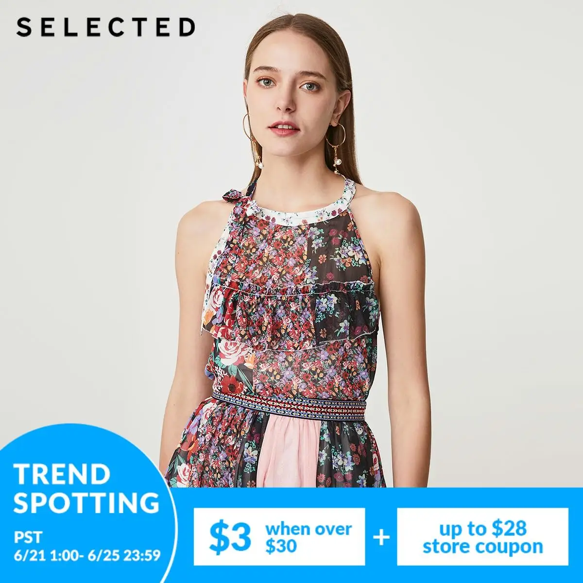 Выбранные Для женщин на шнуровке без рукавов с цветочным рисунком шифоновые топы