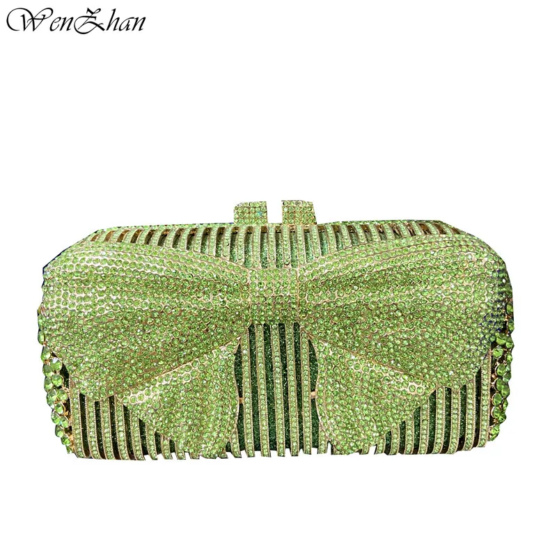 Dazzling Green Color Crystal Evening Clutch Bag Hardcase Metal Wedding Party Cocktail Diamond Handbag Purse Bow knot style A9-1