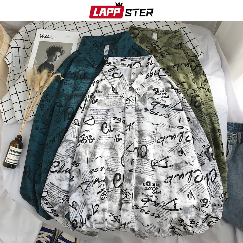 LAPPSTER Mens Graffiti хип хоп весной Рубашки с длинным рукавом 2020 Harajuku корейская мода