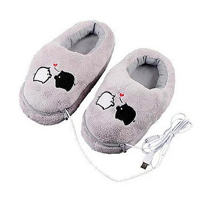 

1 Pair 2020 USB Powered Cushion Shoes Electric Heat Slipper USB Gadget Cute Grey Piggy Plush USB Foot Warmer Shoes