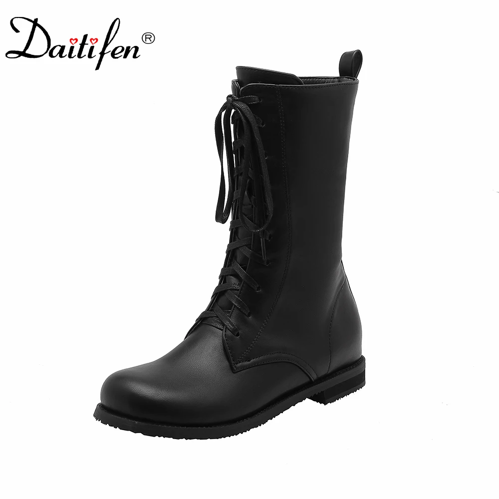 

Daitifen Brand Fashion Women's Modern Boots Wedges Retro Knight Boots Women Lace Up Round Toe Martin Boots Ladies Outdoor Shoes