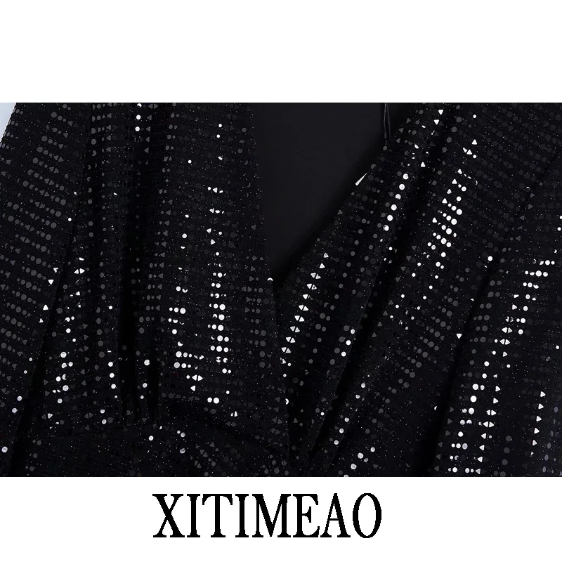 

ZA Women New Sexy Sequin Dress Deep V Neck Glitter Party Club Mini Dress Long Sleeve Casual Bodycon Dresses Women Black Dresses