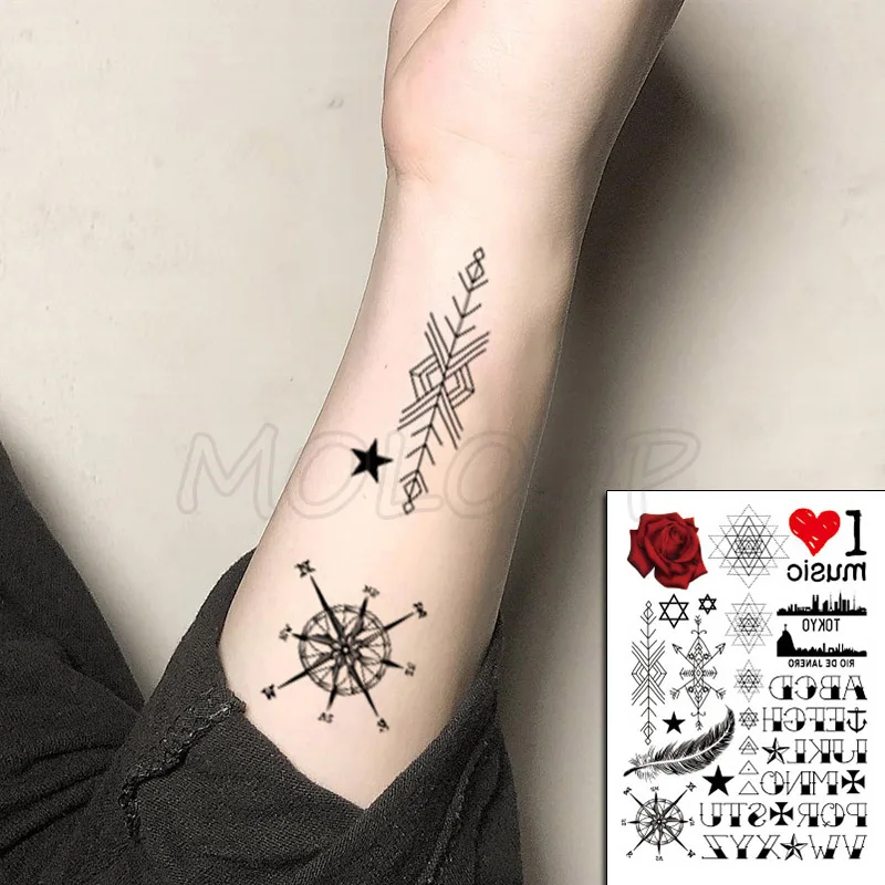 

Rose Hexagram Triangle Compass Feather Letter Tattoos Stickers Women Body Waist Arm Art Tattoos Temporary Girls Tatoos Chains