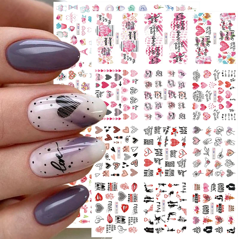 

Harunouta 12pcs Heart Love Design Valentine Nail Water Decals Cute Cartoon Lover Geometric Lines Charms Sliders Decoration Tips