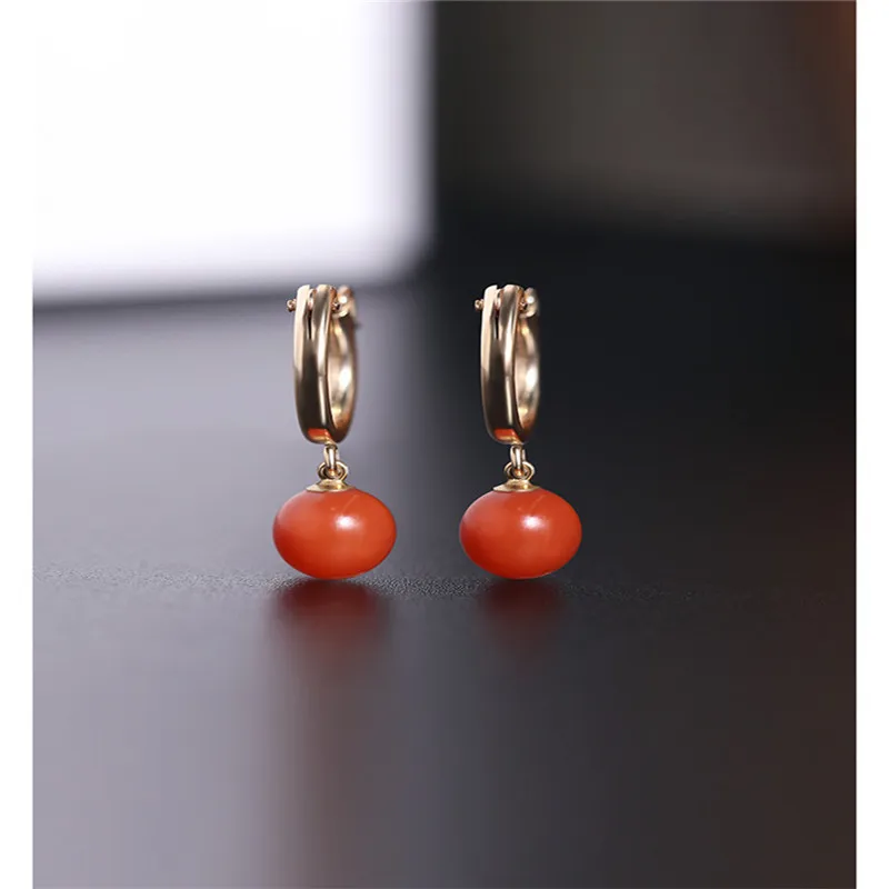

DAIMI Baoshan Persimmon Red South Red Agate Earrings gemstones Female Genuine Yellow 14K Gild Earring Gift