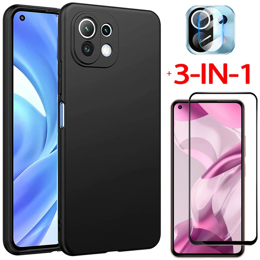 

3-in-1, matte case + glass for xiaomi 11lite 5g ne soft liquid tpu phone cases mi11t pro xiaomi 11 t pro cover mi11 lite ne case