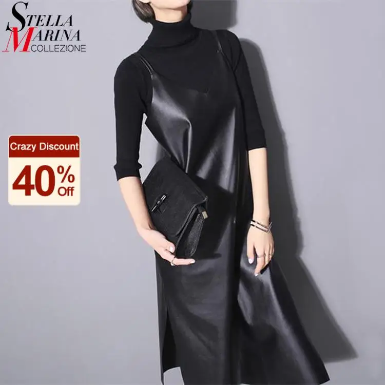 Осень 2020 женское черное платье Чехол из искусственной кожи без рукавов вечернее