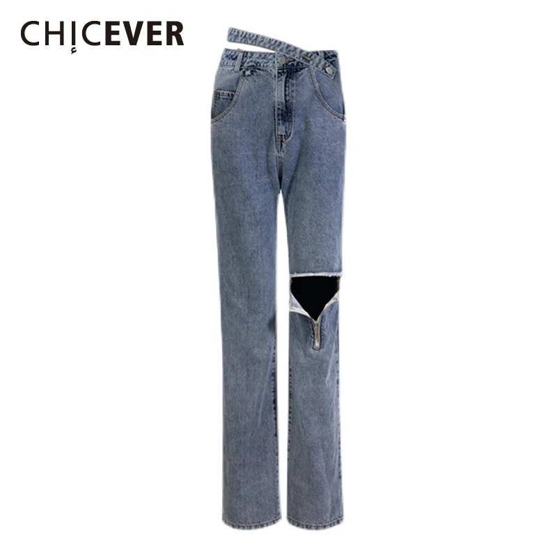 

CHICEVER Streetwear Casual Slim Asymmetrical Irregular Pants Female High Waist Temperament Jeans For Women Autumn Style 2021 New