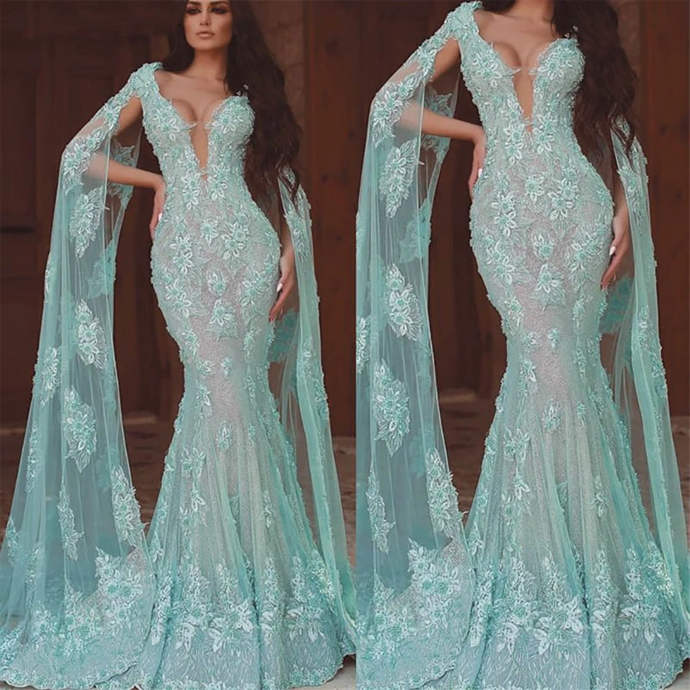 

V-Neck Long Sleeve Off-Shoulder Floor-Length NONE Train Applique Mermaid Trumpet Formal Dresses Prom Party Gown Evening Dress