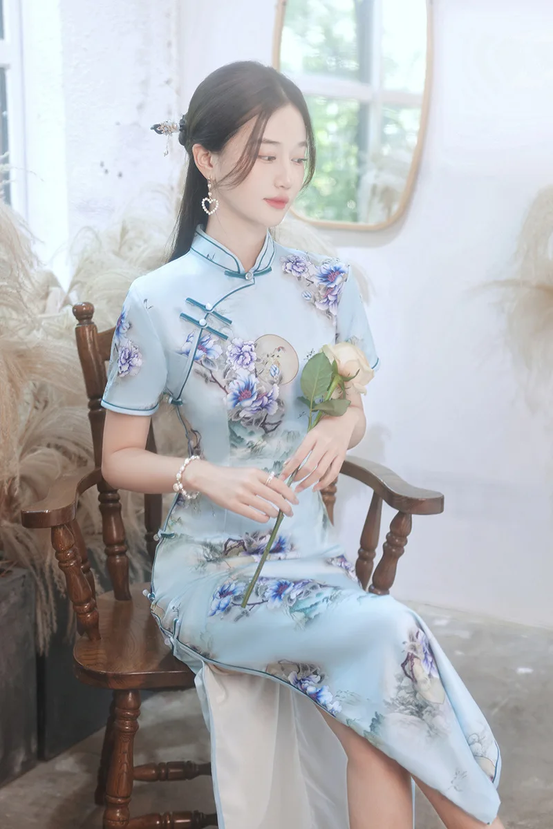 

Китайский стиль винтажный воротник-стойка Qipao современный женский атласный цветочный принт тонкий длинный Чонсам Hanfu Vestido
