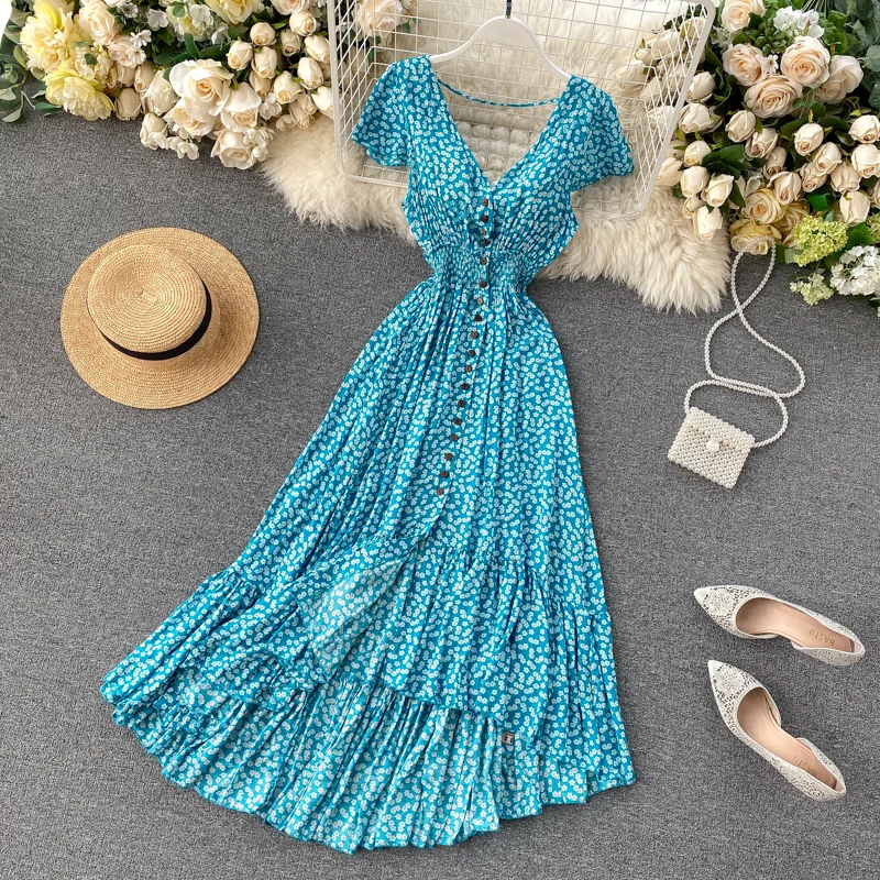 ALPHALMODA 2020 New Holiday Backless Floral Dress Irregular Design Single Breasted Slim Waist Women Beach Seashore Resort | Женская