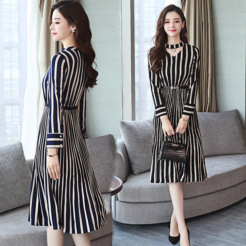 Новинка 2019 весенне-осеннее корейское винтажное платье в полоску v-образный вырез