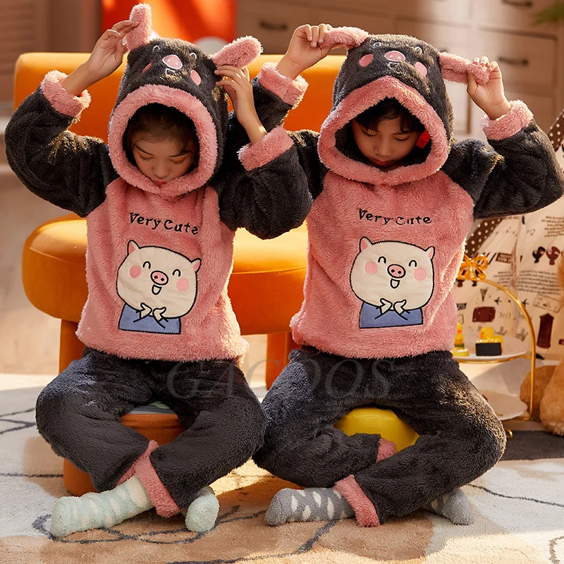 

Cartoon Animal Girls Pajama Sets 2021 Flannel Hooded Sleepwear 2pcs Teens Boys Nightwear Children's Homewear for 4 6 8 10 12 14Y