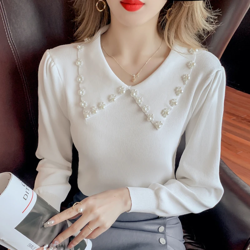 Черно-белые жемчужные модные пуловеры в Корейском стиле для женщин осень-зима 2021