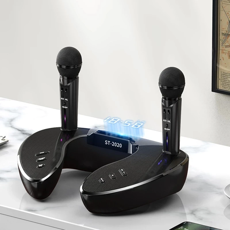 

Portable outdoor wireless bluetooth speaker with clock display dual microphone card home theater KTV live singing speaker column