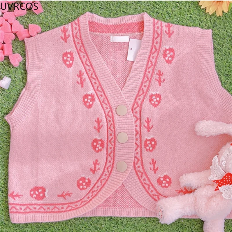 

Sweet Knitted Jacquard Waistcoat Women Japanese Preppy Style Lolita Sweater Vests Autumn Girly Cute JK Print Sleeveless Sweaters