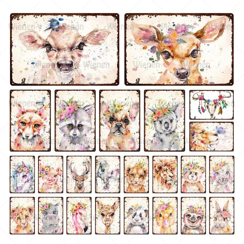 

Metal Plaque Cute Pet Animals Art Watercolor Poster Painting Girls Cave Home Decoration Dog Deer Lion Panda Dark Rabbit Tin Sign