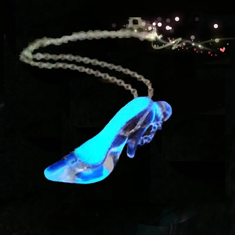 

12pcs/lot Glow in the Dark Cinderella Necklace Blue Glowing Pendant High Heel Necklace