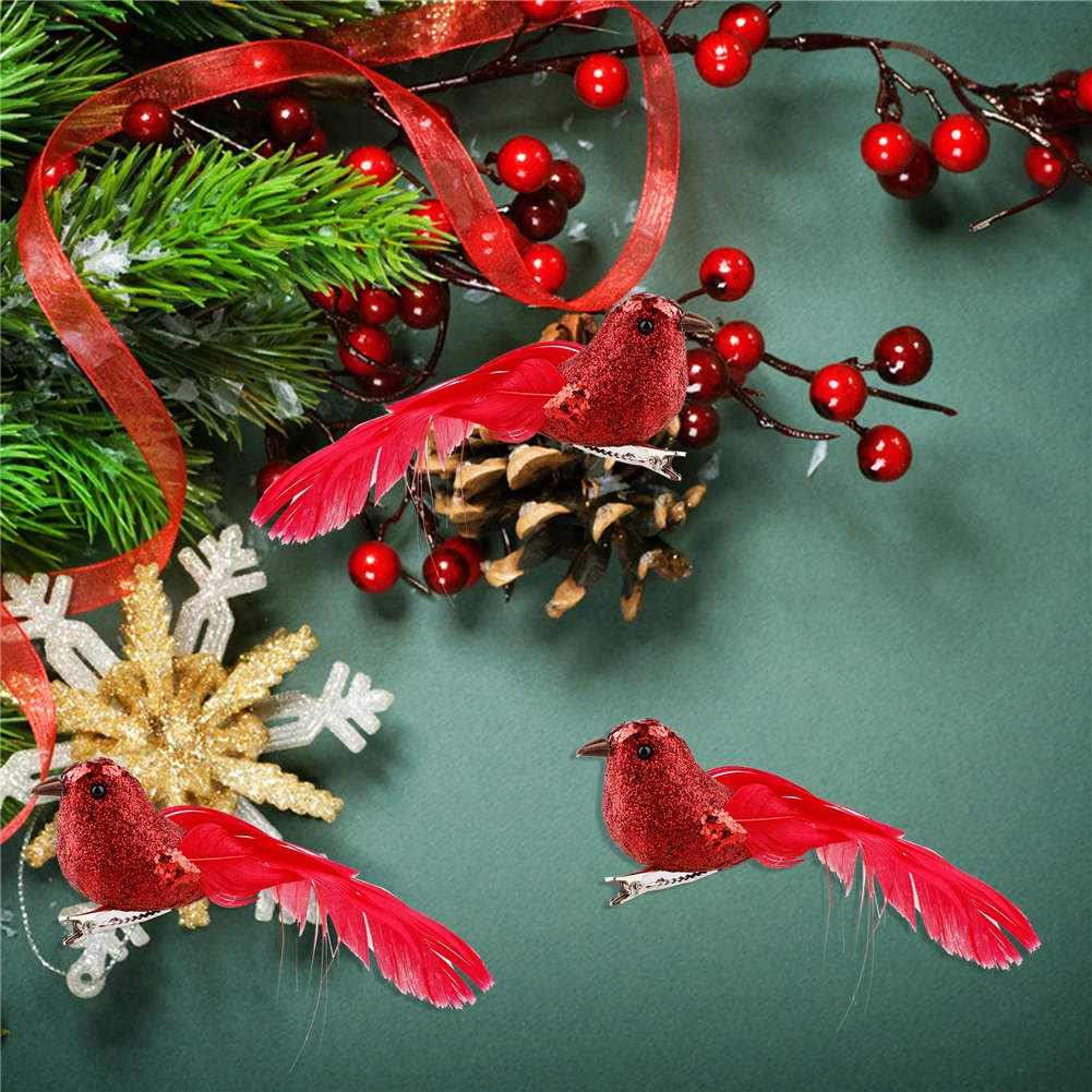 12Pcs Cardinal Clip On Christmas Tree Ornament Door Decorations With Alligator Clips Attached Red Feathers Artificial Birds | Дом и сад