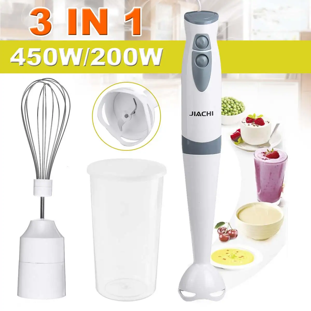 3 In1 Stainless Steel 450W Immersion Hand Stick Blender Mixer Vegetable Meat Grinder Whisk 600ml Smoothie Cup for Food Processor | Бытовая