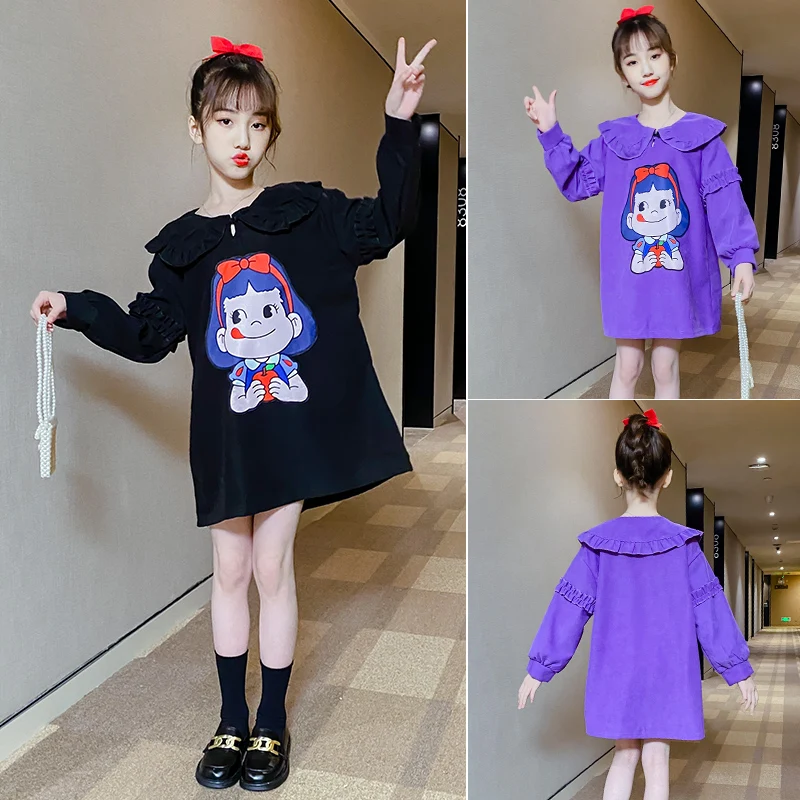 

Girls mid-length dress long sleeve spring and autumn children's print neckline casual retro party girl baby dress wholesale