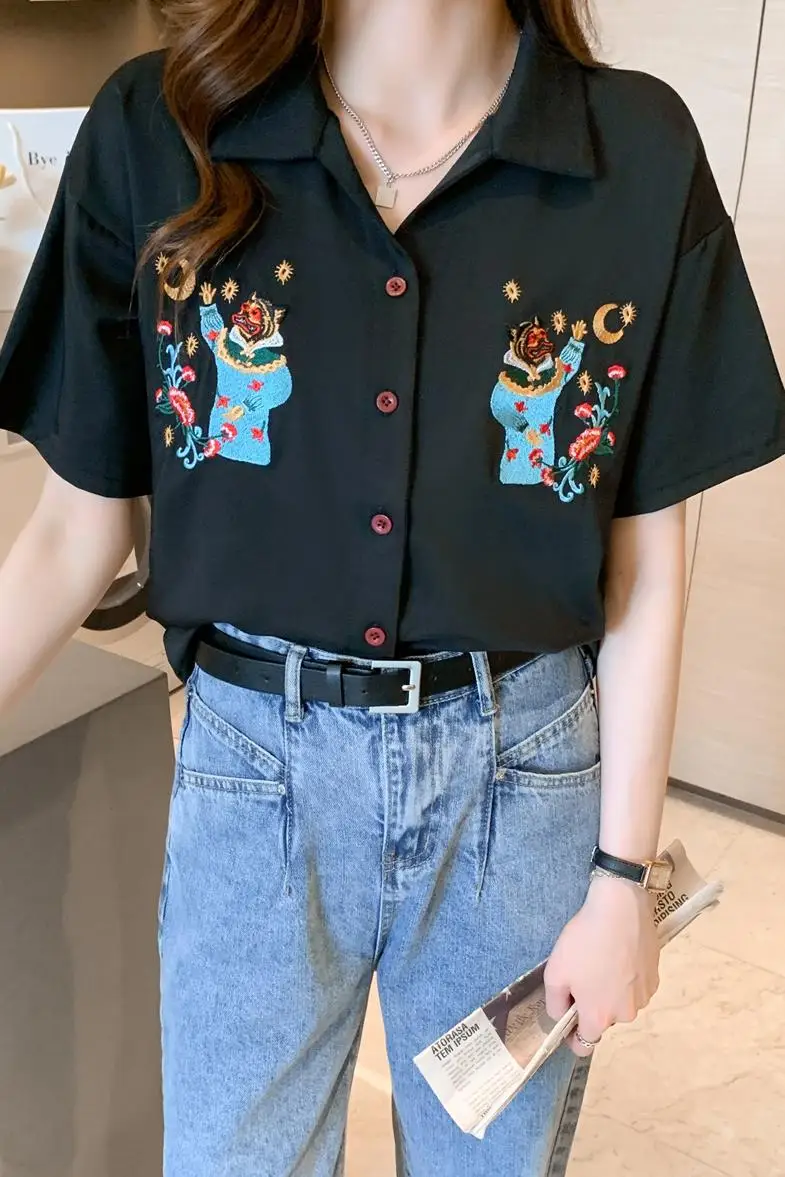 

COIGARSAM Fashion Short Sleeve Shirt Womens tops New Summer Chiffon Women shirts Black 8311