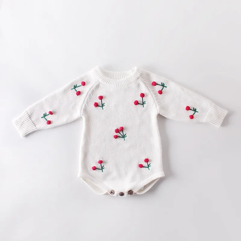 

Autumn New Baby Baby Cherry Long-sleeved Knitted Wool Jumpsuit Haber Romper Toddler Girl Winter Clothes