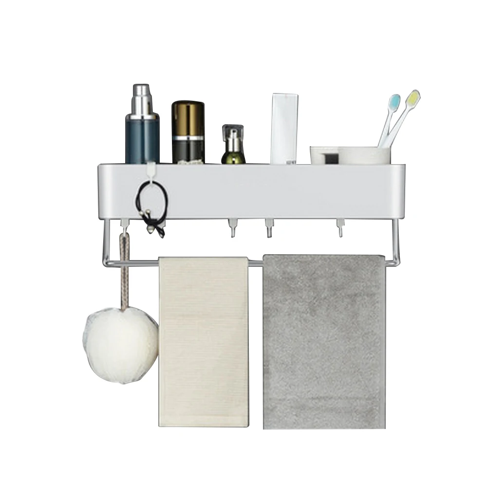 

Bathroom Shelf Showe Storage Organizer Wall Mount Shampoo Rack With Towel Bar No Drilling Kitchen Storage Bathroom Accessories