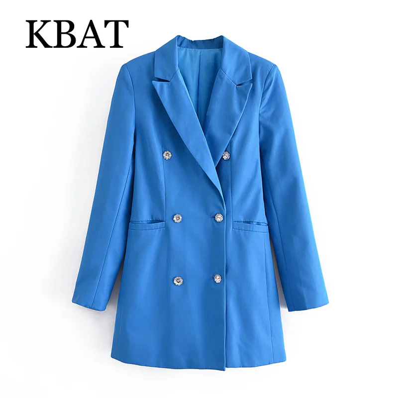 

KBAT 2021 Fashion Female Women Solid Beading Buttons Long Blazer Coat Vintage Notched Collar Pocket Chic Tops