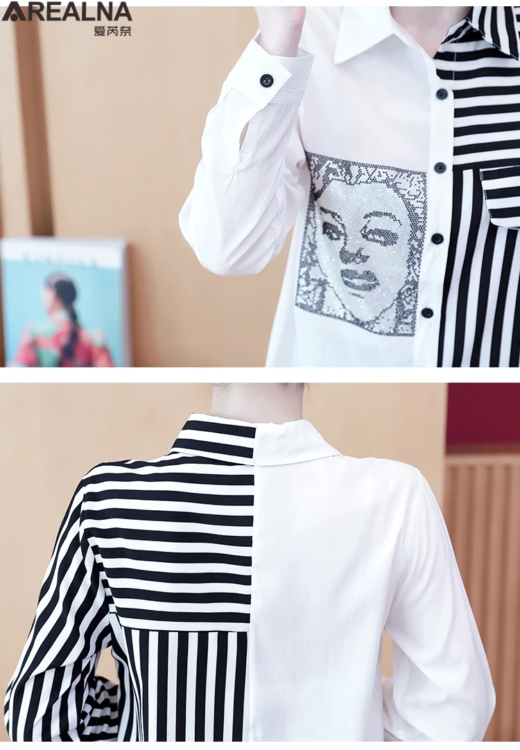 

Shirts women 2020 autumn vintage Diamond stripe Splice Vintage blouse women tops long sleeve korean office fashion chemise femme