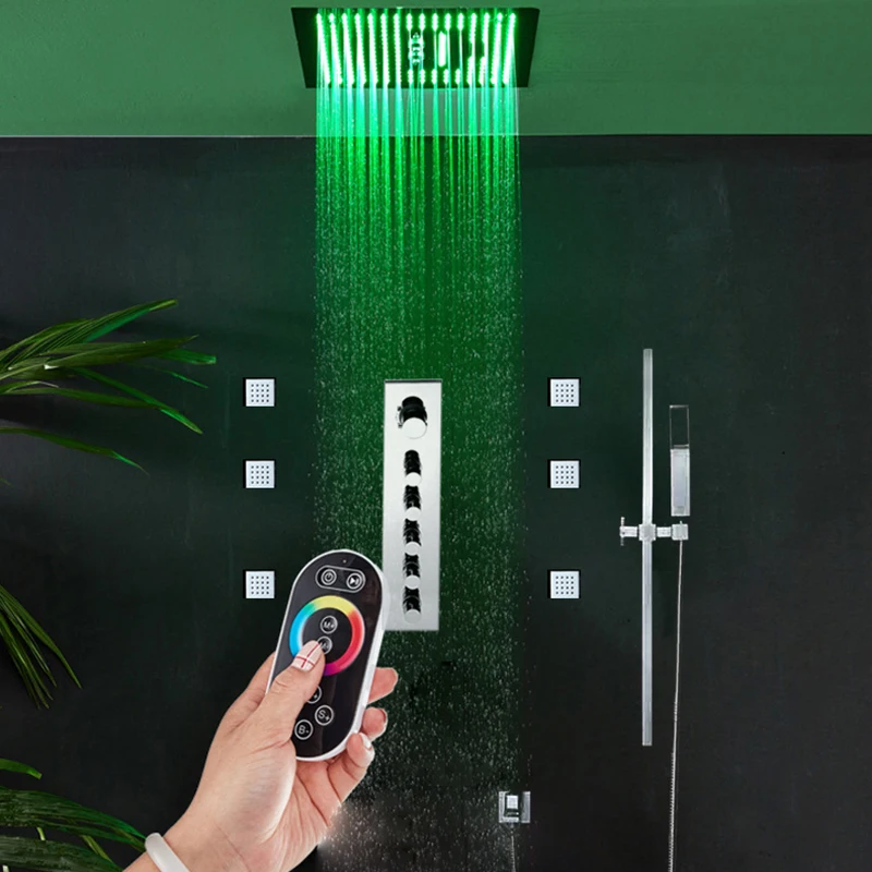 16" LED Bathroom Shower Set Luxury Bathtub Waterfall Panel Rainfall Thermostatic Valve System Showerhead With Sliding Bar