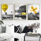 Черно-белая картина с изображением пейзажа, Декор для дома, желтые воздушные шары, печать, гостиная, спальня