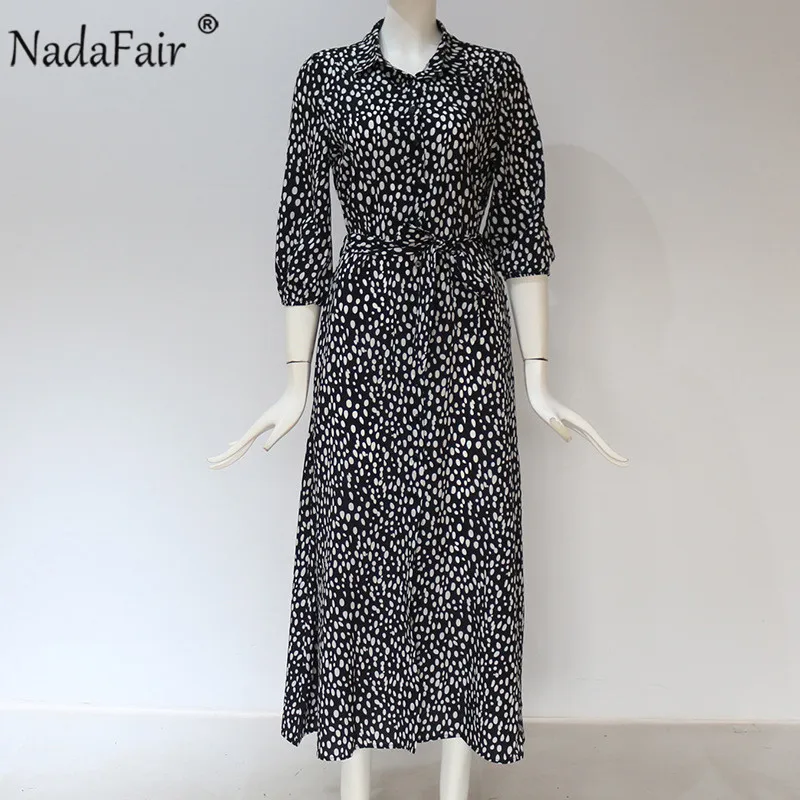 Женское шифоновое платье-рубашка в горошек с рукавом три четверти и V-образным