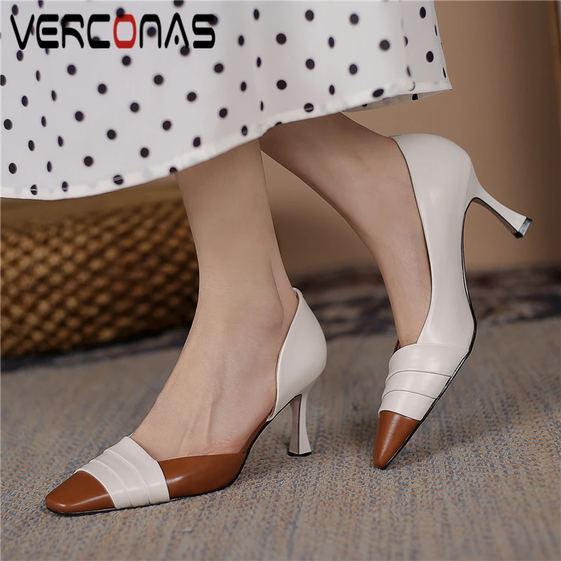 

Женские туфли-лодочки в стиле ретро VERCONAS, черные повседневные туфли из натуральной кожи на высоком каблуке, весна-лето 2021