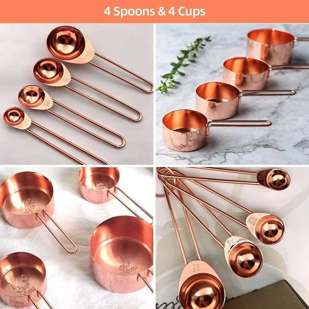 

8 Stainless Steel Measuring Cups Spoons Rose Gold Measuring Cups and Spoons with Engraved Marking Ruler Measuring Dry and Liquid