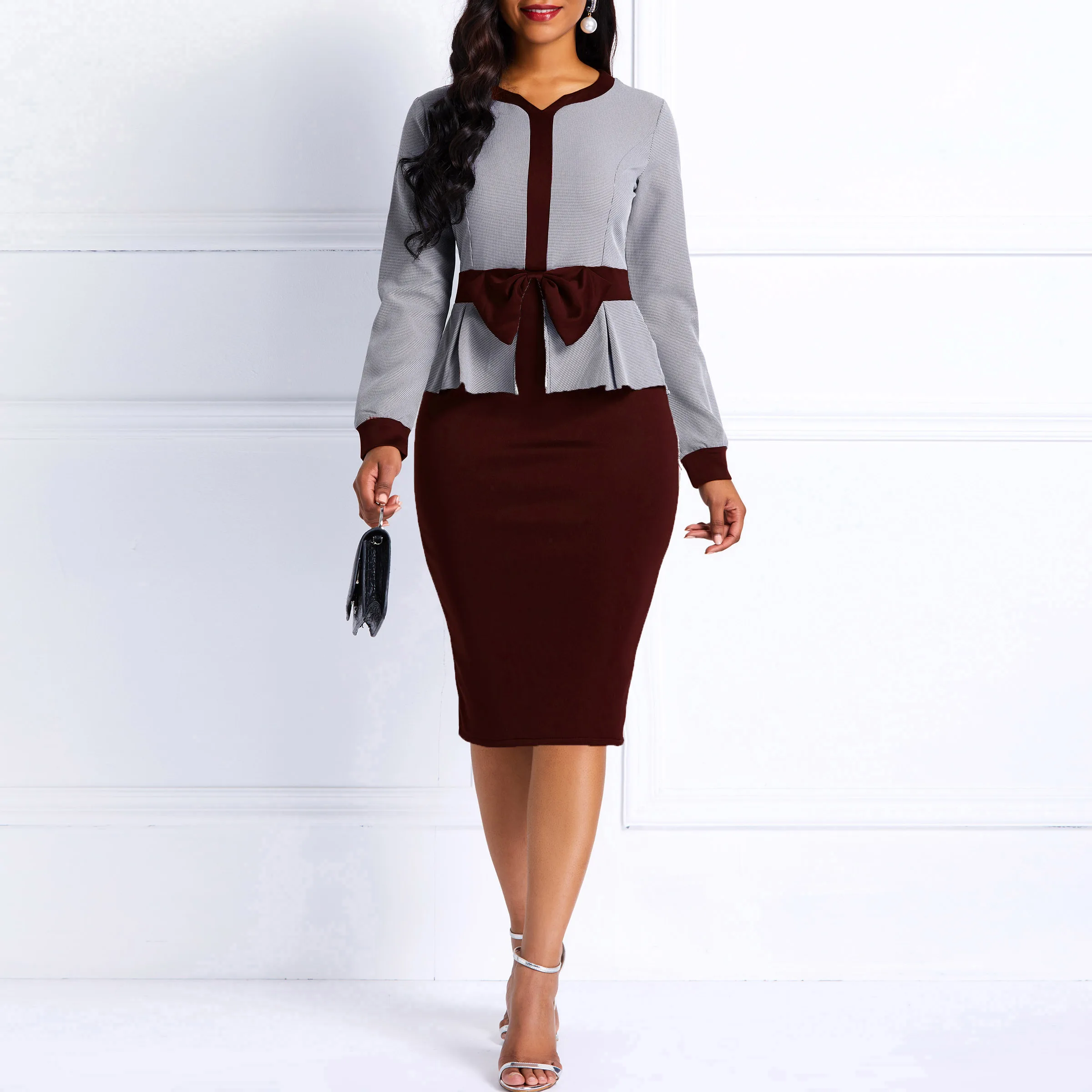 Женское облегающее платье миди с бантом винтажные элегантные коктейльные