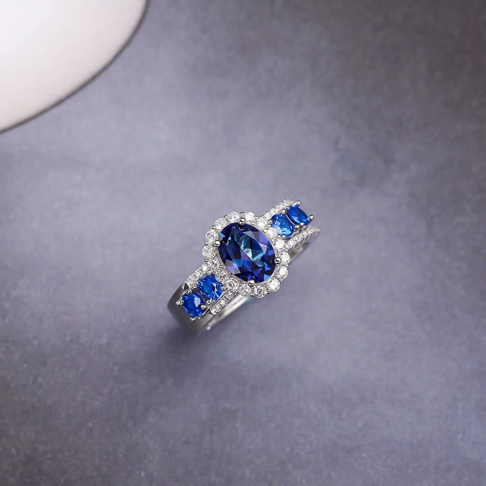 

925 Silver 2pcs Bridal Ring Set Jewelry Blue Sapphire Color Natural Topaz Engagement Wedding Ring For Female