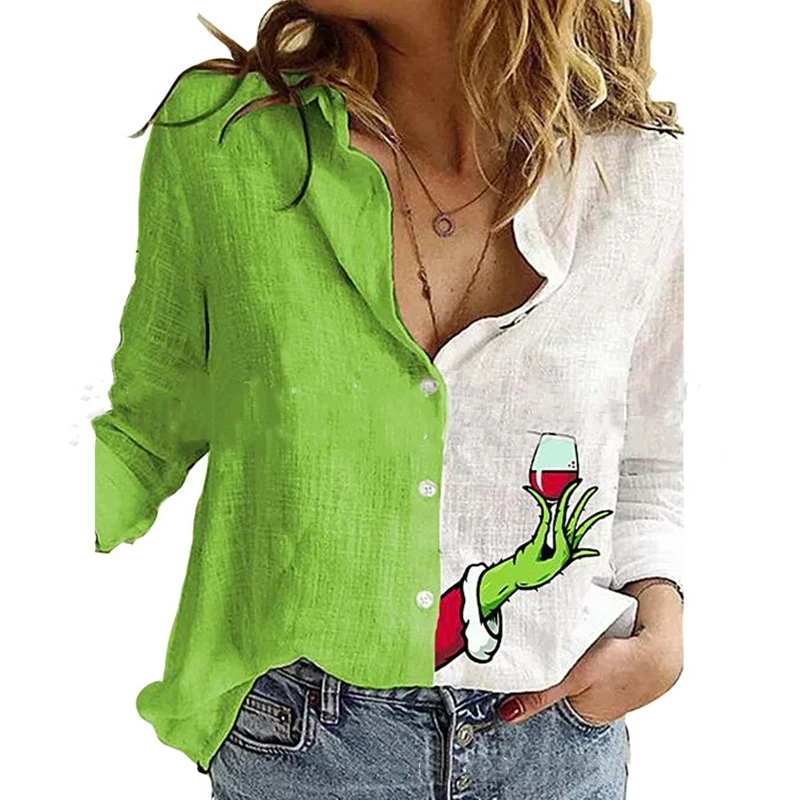 

Za Autumn Green Stitching Wine Glass Print Shirt Women's Lapel Long Sleeve Office Blouse Elegant Ladies Plus Size Tops Zaraing