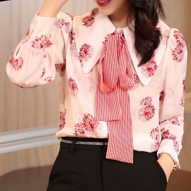 

Women Shirt 2020 Spring summer Long Sleeve Bow Print Satin Silk Shirt Blouse Tops Elegant Office Ladies Work Shirt Women Blusa