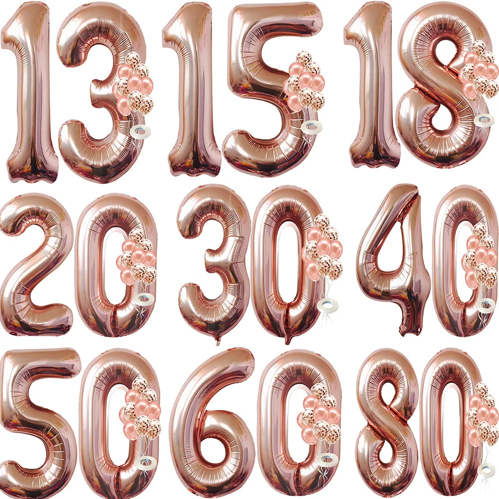 

12Pcs Rose Gold Number 18th 30th Big 40 Inch Foil Balloons 40th 50th 60th Birthday Latex Balloons Sweet 16 Birthday Decorations