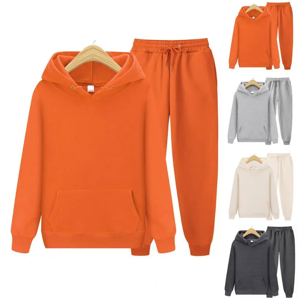 

1Set Simple Unisex Hoodies Pants Set Elastic Waist Solid Color Hooded Men Women Drawstring Large Pocket Outfit Sports Daily Wear