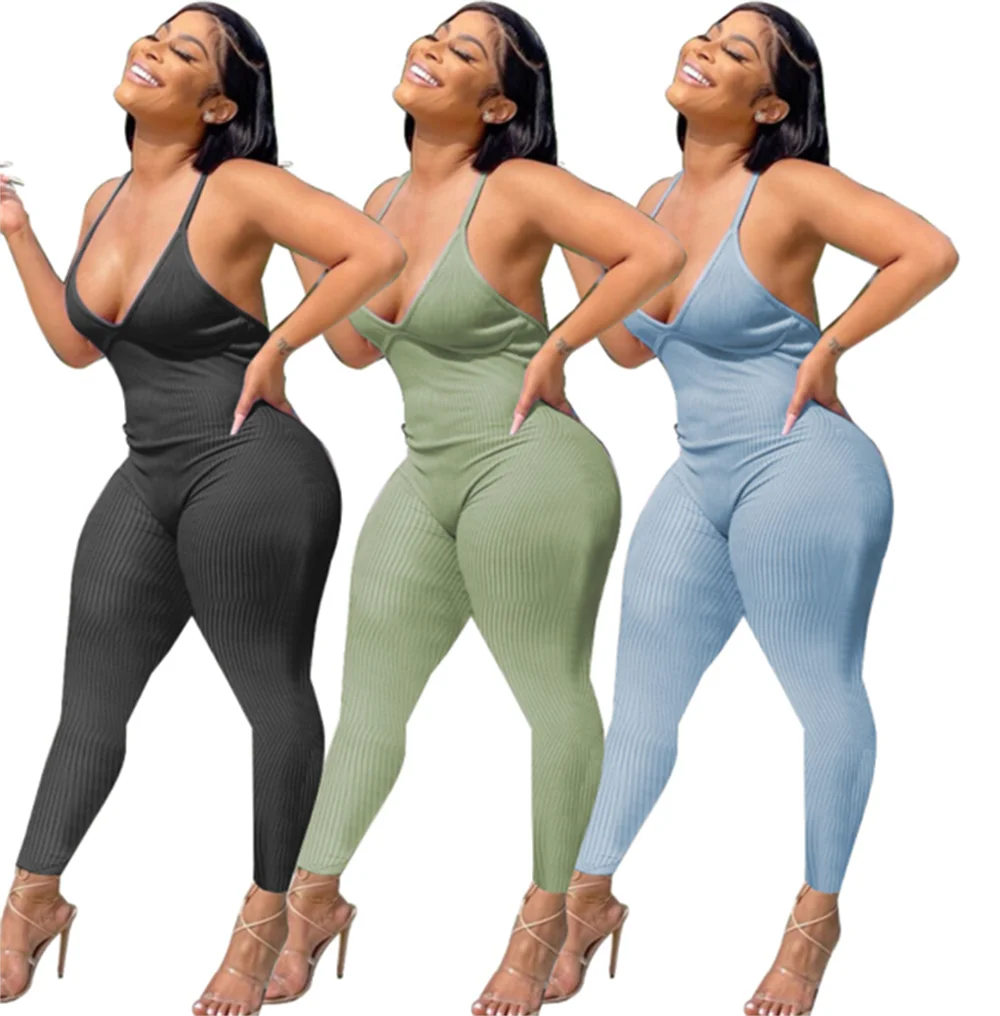 

RStylish Sexy 2021 Summer Playsuit Women Elegant Streetwear Solid V-Neck Halter Backless High Elastic Bodycon Fitness Jumpsuit