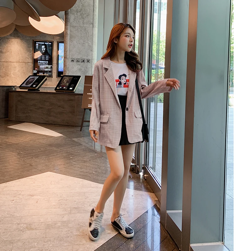Женские блейзеры в клетку 2019 серый хаки топы костюм куртка и юбка одежда с